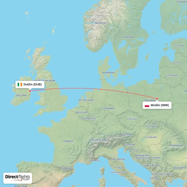 Modlin - Dublin direct flight map