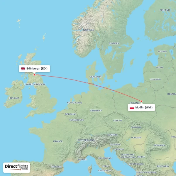 Modlin - Edinburgh direct flight map