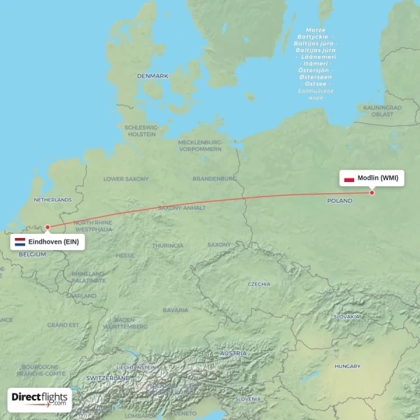Modlin - Eindhoven direct flight map