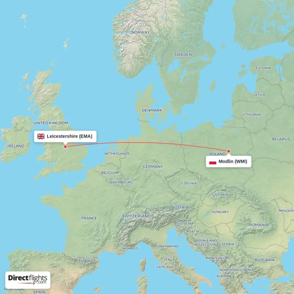 Modlin - Leicestershire direct flight map