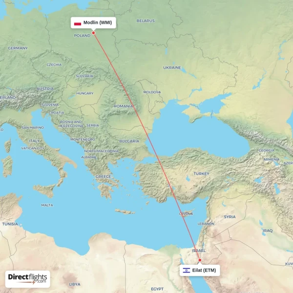 Modlin - Eilat direct flight map