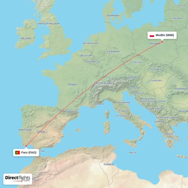 Modlin - Faro direct flight map