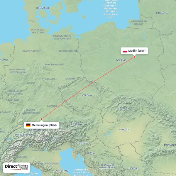 Modlin - Memmingen direct flight map