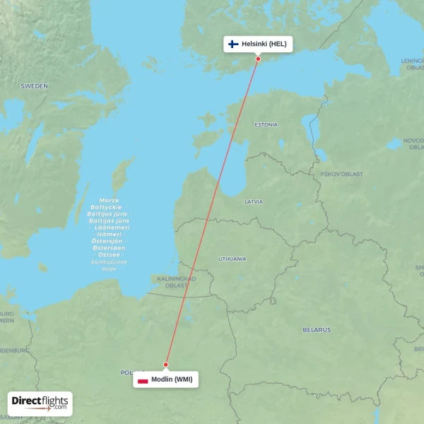 Modlin - Helsinki direct flight map