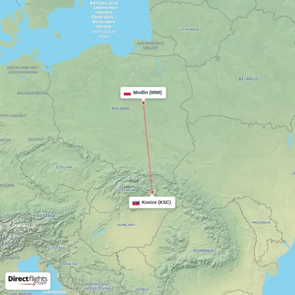 Modlin - Kosice direct flight map