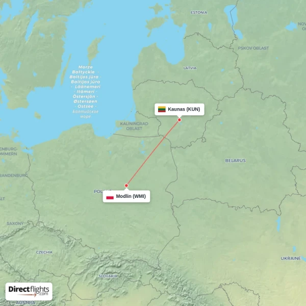 Modlin - Kaunas direct flight map