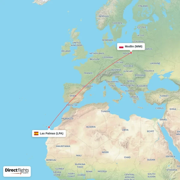 Modlin - Las Palmas direct flight map