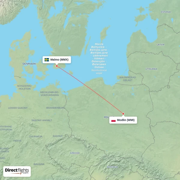 Modlin - Malmo direct flight map