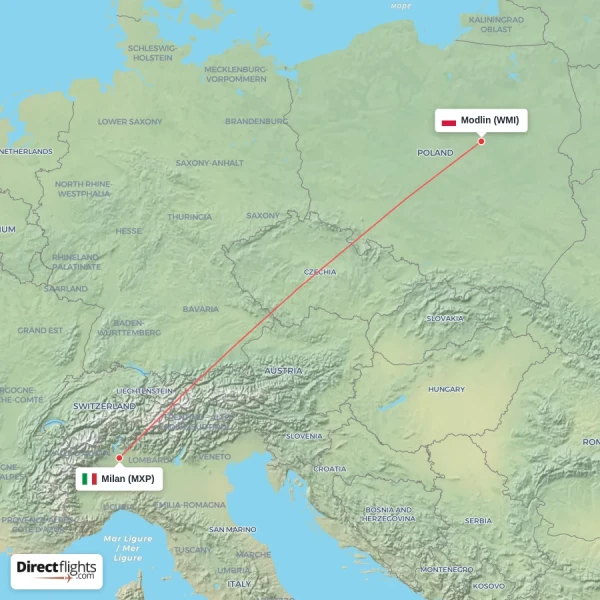 Modlin - Milan direct flight map