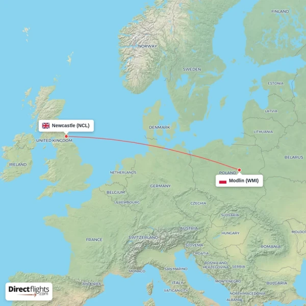 Modlin - Newcastle direct flight map