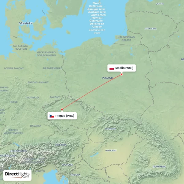 Modlin - Prague direct flight map