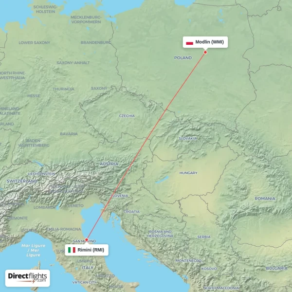 Modlin - Rimini direct flight map