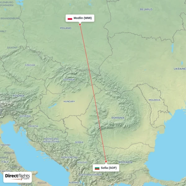 Modlin - Sofia direct flight map