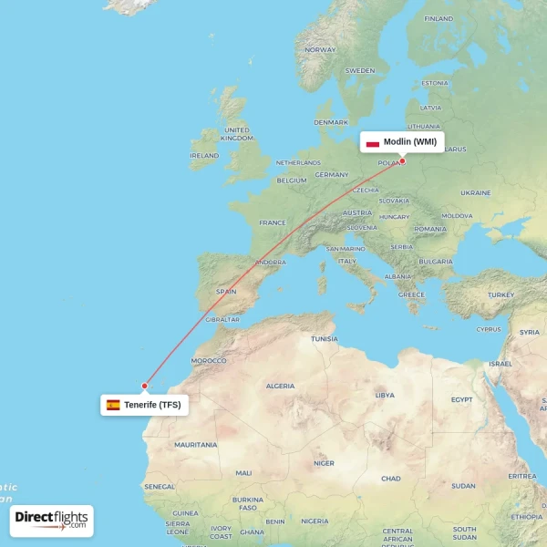 Modlin - Tenerife direct flight map