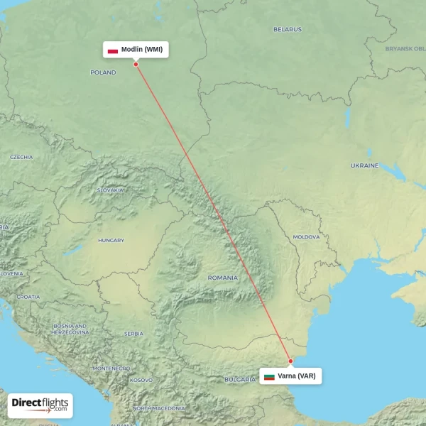 Modlin - Varna direct flight map