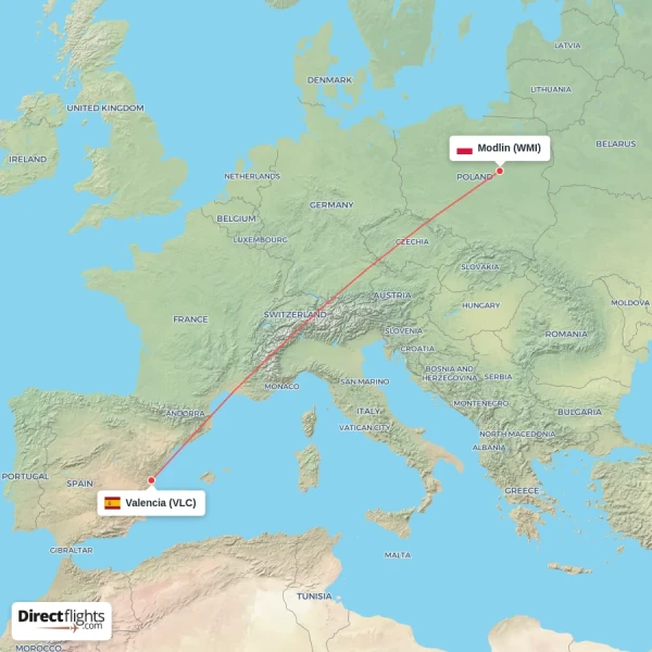 Modlin - Valencia direct flight map