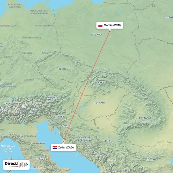 Modlin - Zadar direct flight map