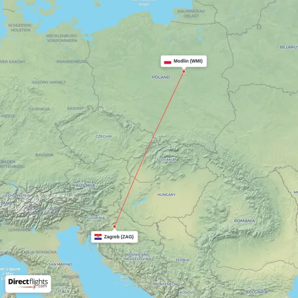 Modlin - Zagreb direct flight map