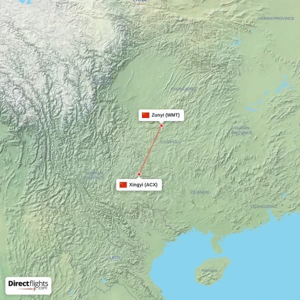 Zunyi - Xingyi direct flight map