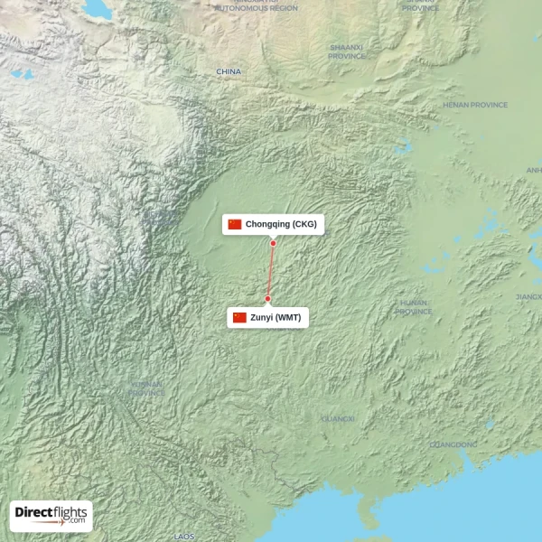 Zunyi - Chongqing direct flight map