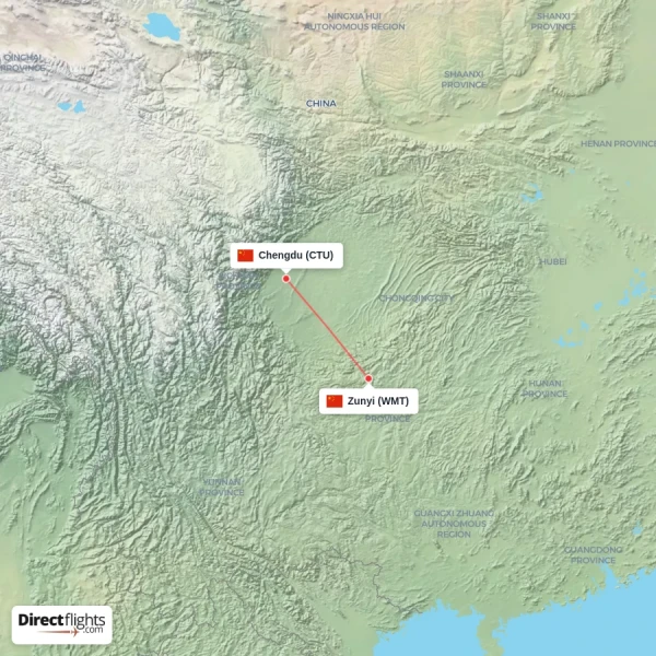 Zunyi - Chengdu direct flight map
