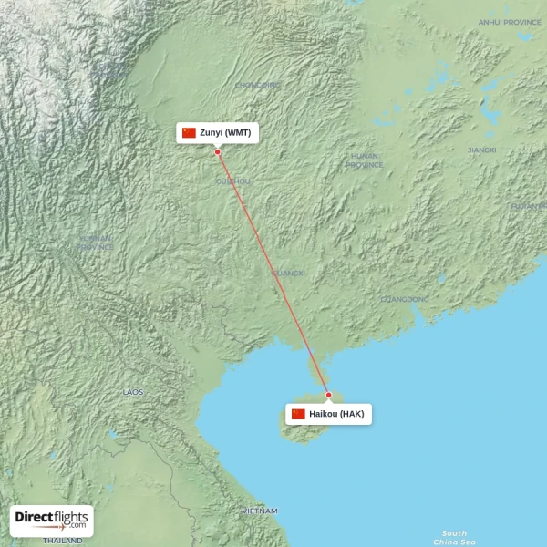 Zunyi - Haikou direct flight map
