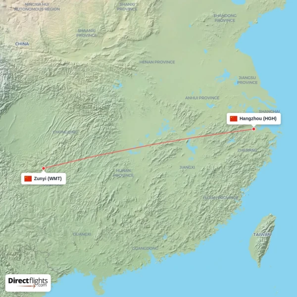 Zunyi - Hangzhou direct flight map