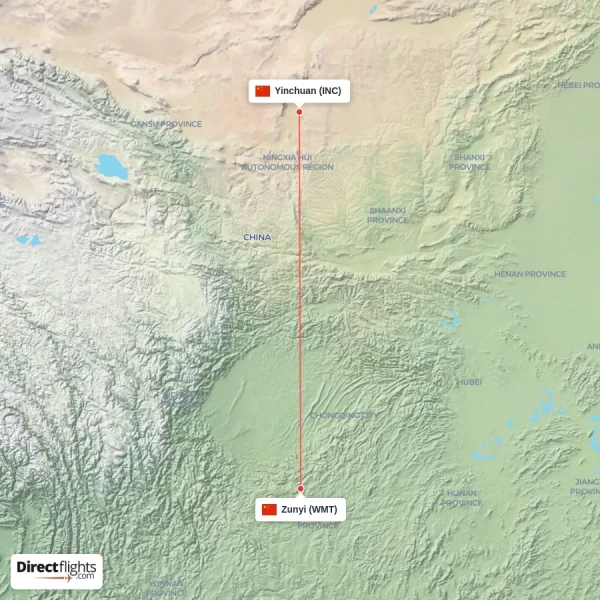 Zunyi - Yinchuan direct flight map