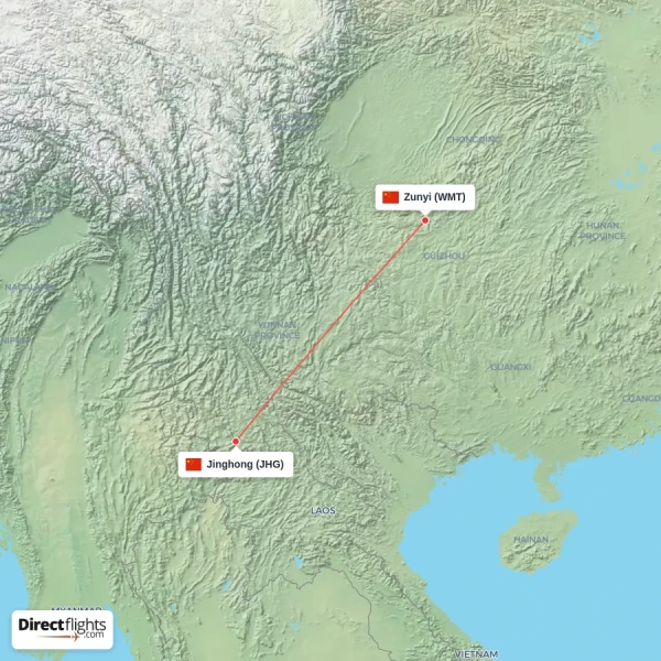 Zunyi - Jinghong direct flight map