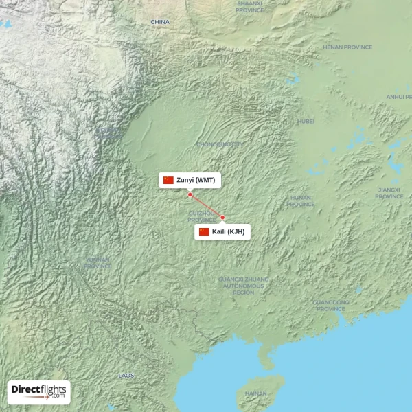 Zunyi - Kaili direct flight map