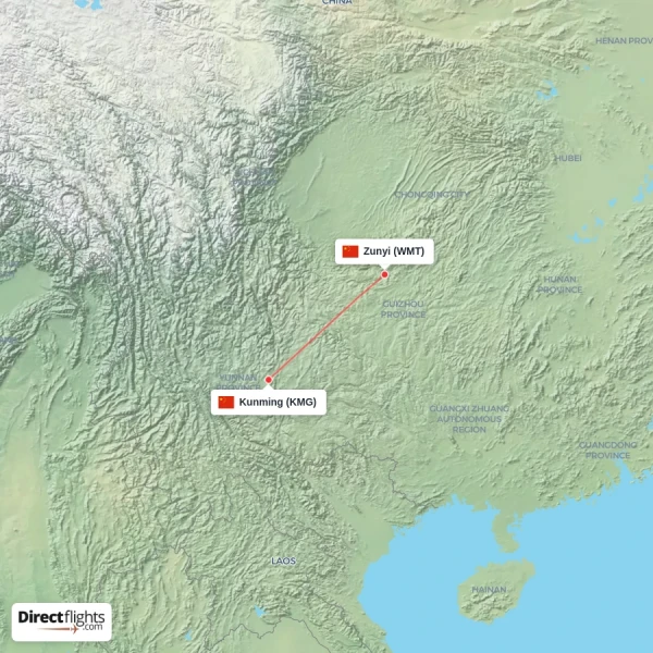 Zunyi - Kunming direct flight map