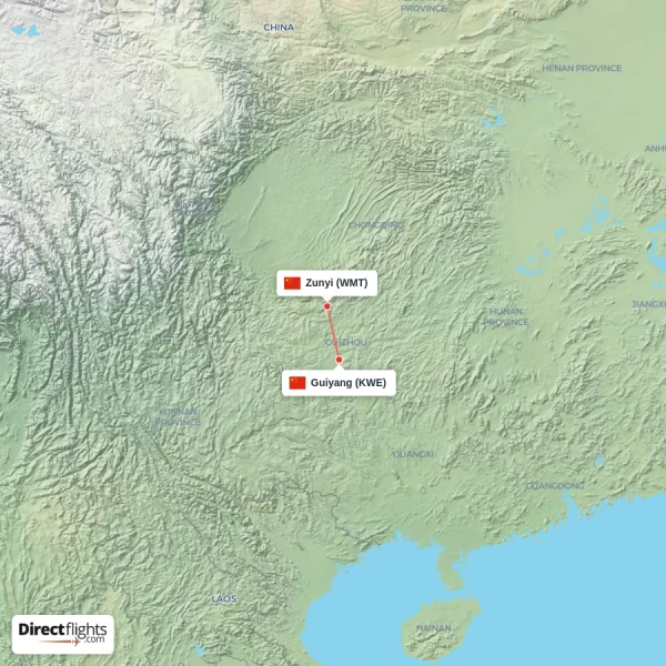 Zunyi - Guiyang direct flight map