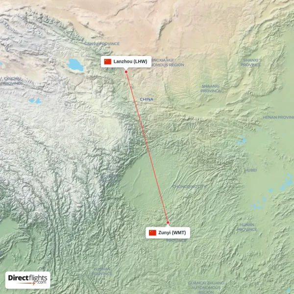 Zunyi - Lanzhou direct flight map