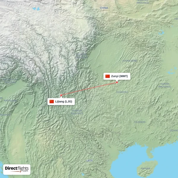 Zunyi - Lijiang direct flight map