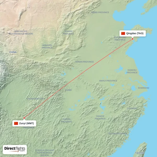 Zunyi - Qingdao direct flight map