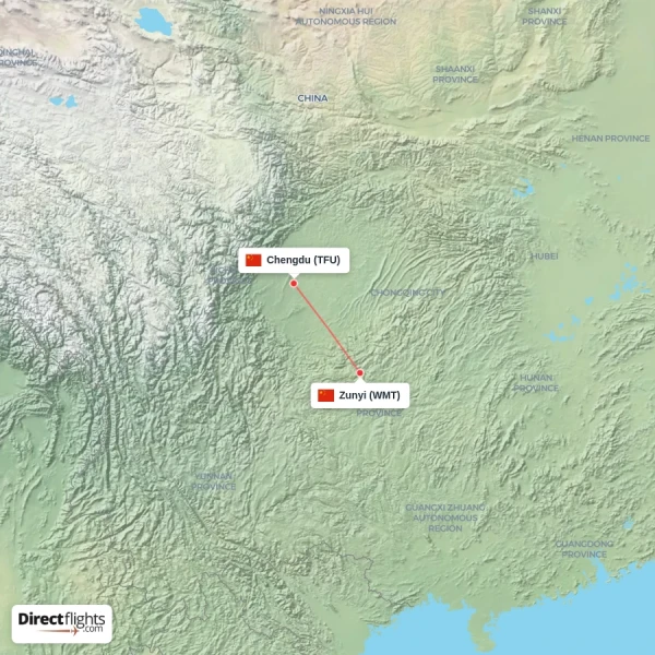 Zunyi - Chengdu direct flight map