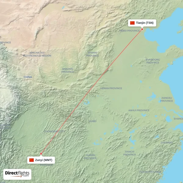 Zunyi - Tianjin direct flight map
