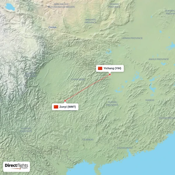 Zunyi - Yichang direct flight map