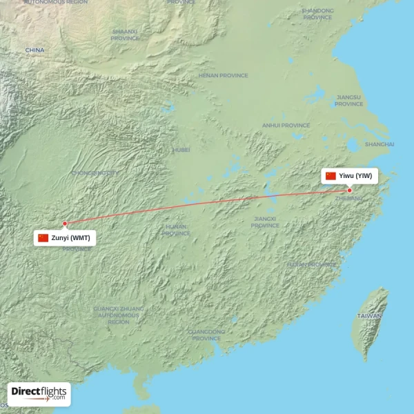 Zunyi - Yiwu direct flight map