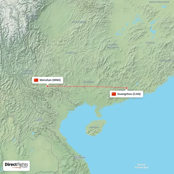 Wenshan - Guangzhou direct flight map