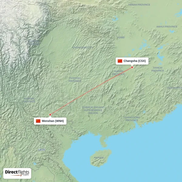 Wenshan - Changsha direct flight map