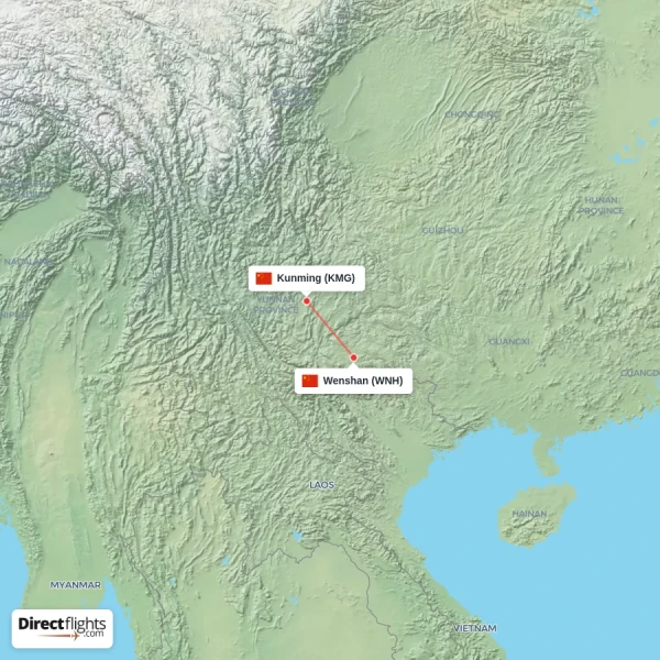 Wenshan - Kunming direct flight map