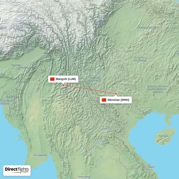 Wenshan - Mangshi direct flight map