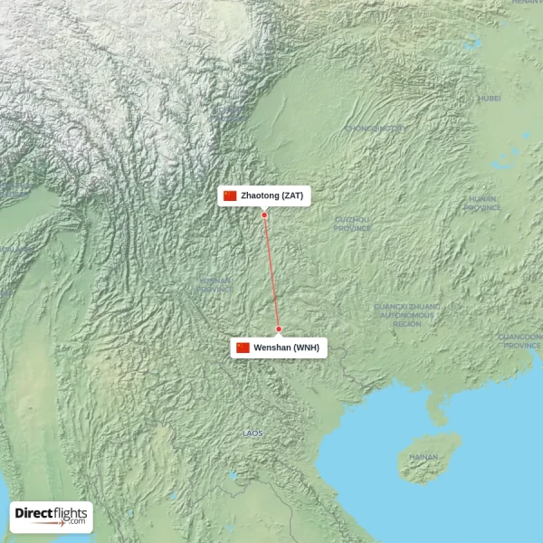 Wenshan - Zhaotong direct flight map
