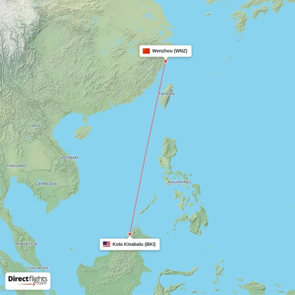Wenzhou - Kota Kinabalu direct flight map