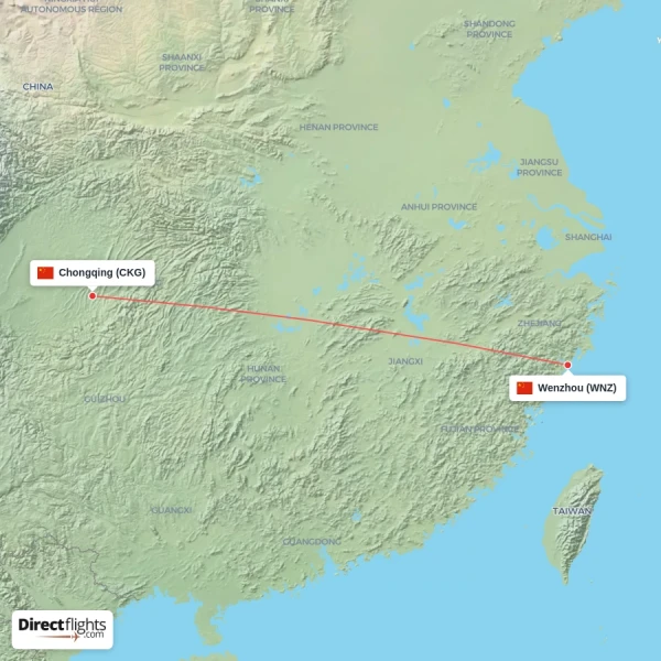 Wenzhou - Chongqing direct flight map