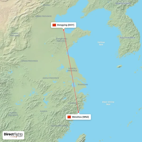 Wenzhou - Dongying direct flight map