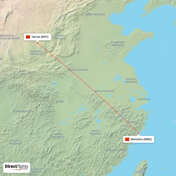 Wenzhou - Yan'an direct flight map