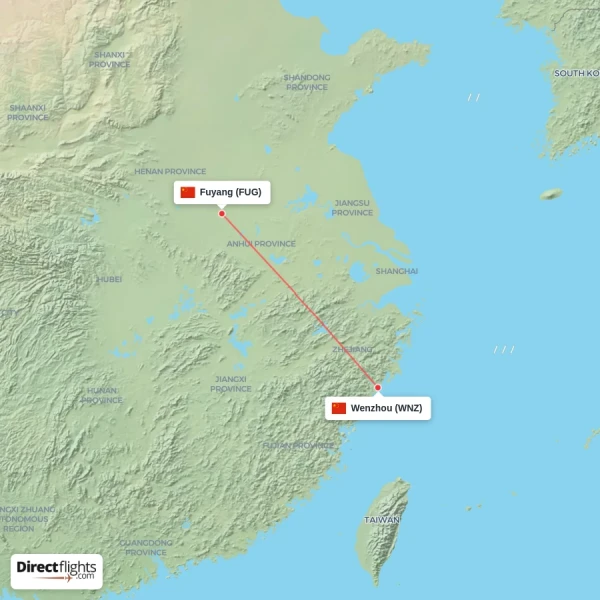 Wenzhou - Fuyang direct flight map