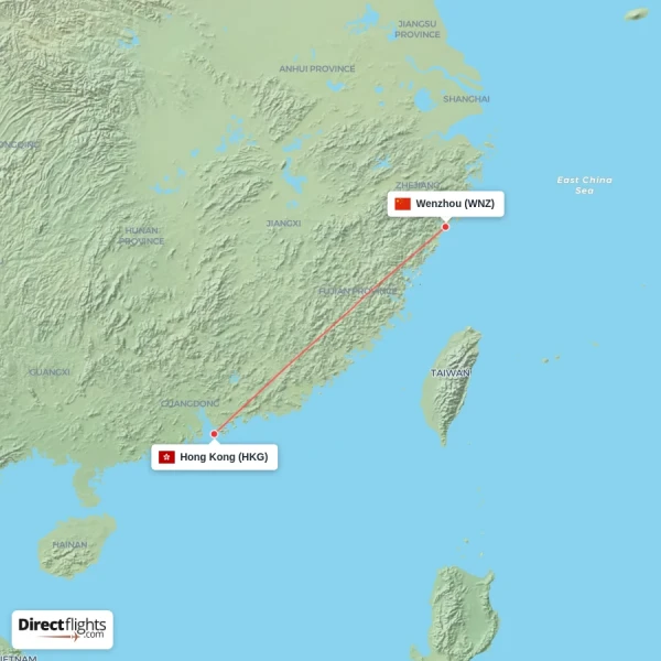 Wenzhou - Hong Kong direct flight map